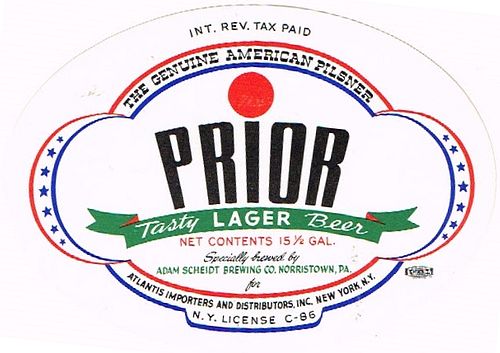 1950 Prior Lager Beer Label 15½ Gallon Half Barrel Unpictured Norristown, Pennsylvania