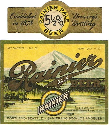 1934 Rainier Pale Beer 11oz Label WS41-21 San Francisco, California