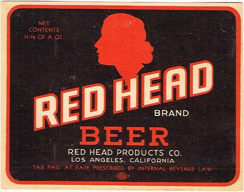 1934 Red Head Beer 11oz Label WS22-17 Los Angeles, California