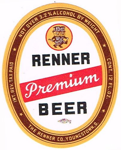 1948 Renner Premium Beer 12oz Label Unpictured Youngstown, Ohio