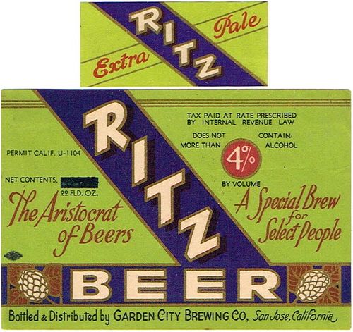 1933 Ritz Lager Beer 11oz Label WS40-23 San Francisco, California