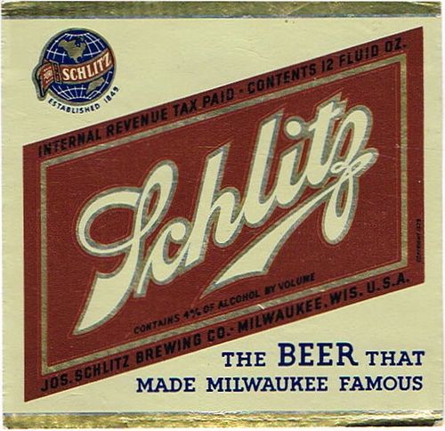 1939 Schlitz Beer 12oz Label WI316-101V Milwaukee, Wisconsin