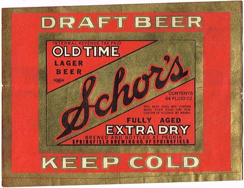 1937 Schor's Old Time Lager Beer Label 64oz Half Gallon IL102-08 Springfield, Illinois
