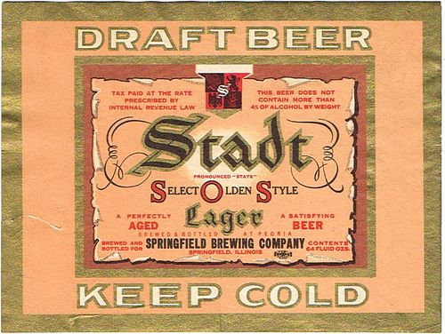 1936 Stadt Lager Beer Label No Ref. IL102-01 Springfield, Illinois