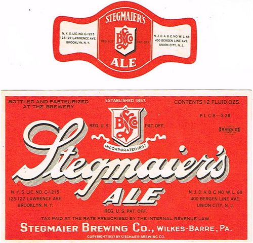 1936 Stegmaier's XXX Ale 12oz Label PA124-20V Wilkes-Barre, Pennsylvania
