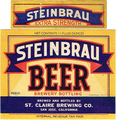1939 Steinbrau Beer 11oz Label WS52-21 San Jose, California