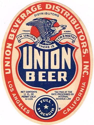 1933 Union Beer 11oz Label WS51-10 San Jose, California