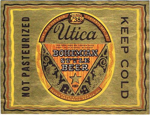 1937 Utica Bohemian Style Beer Label 64oz Half Gallon IL92-24 Peoria, Illinois