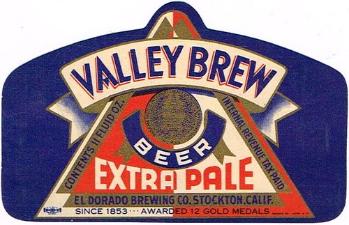 1942 Valley Brew Extra Pale Beer 11oz Label WS56-08 Stockton, California