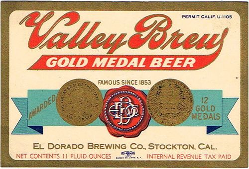 1935 Valley Brew Gold Medal Beer 11oz Label WS56-06 Stockton, California