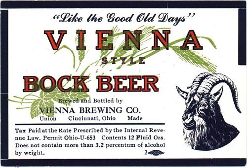 1934 Vienna Style Bock Beer 12oz Label OH34-21 Cincinnati, Ohio