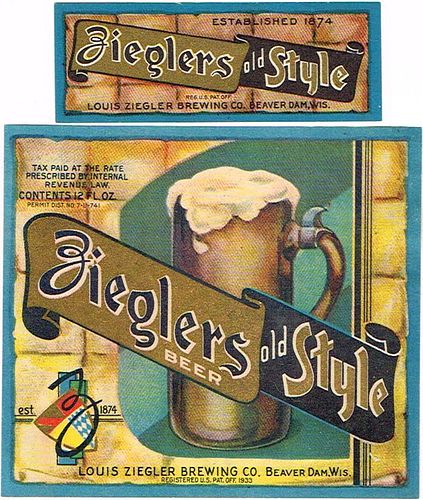 1933 Zieglers Old Style Beer 12oz Label WI28-09V Beaver Dam, Wisconsin