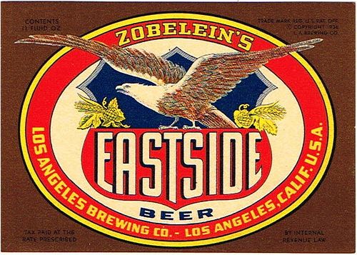 1936 Zobelei's Eastside Beer 12oz Label WS15-15 Los Angeles, California