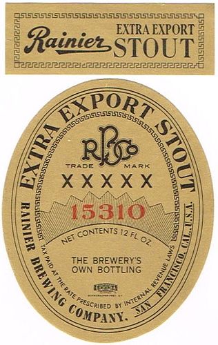 1935 Rainier Extra Export Stout 12oz Label WS42-07V San Francisco, California