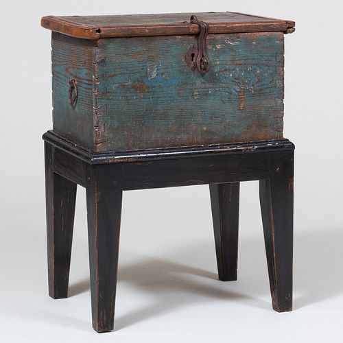 Blue Painted Pine Chest on Later Stand, Possibly Scandinavian