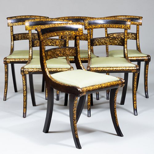 Assembled Set of Six Classical Ebonized and Stencil Decorated Klismos-Form Side Chairs, Philadelphia