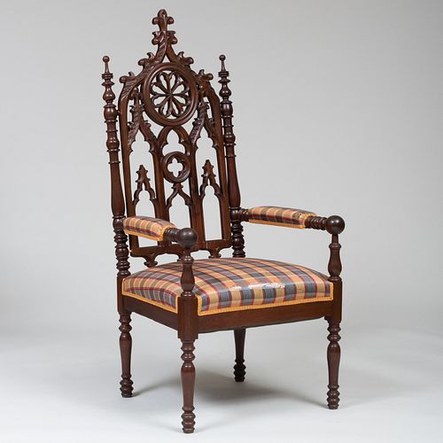 Large Gothic Revival Carved Walnut Armchair, Possibly Meeks