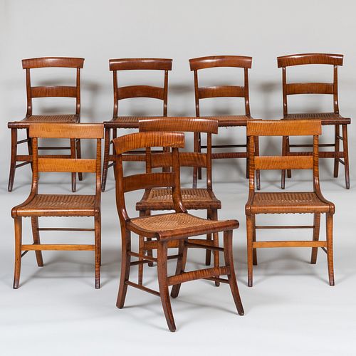 Assembled Set of Eight Classical Figured Maple Cane Seat Dining Chairs