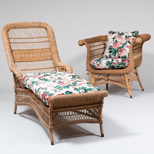 Wicker and Printed Floral Linen Upholstered Chaise Lounge and Armchair
