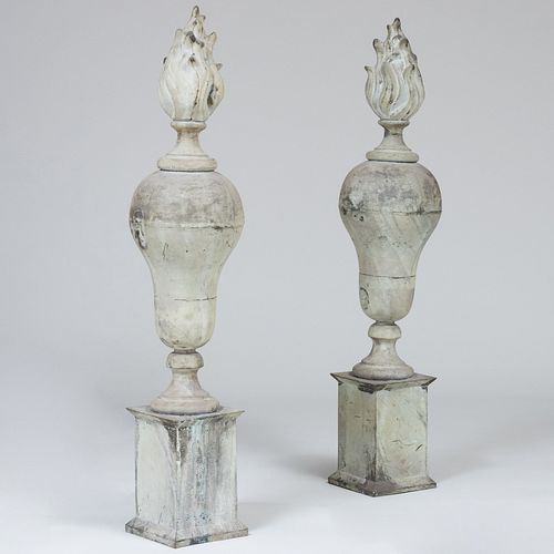 Pair of Neoclassical Style Zinc Urns With Flame Finials