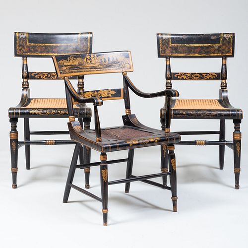 Pair of Federal Black Painted, Stencil-Decorated and Cane Seat Side Chairs, Baltimore, Together with an Armchair