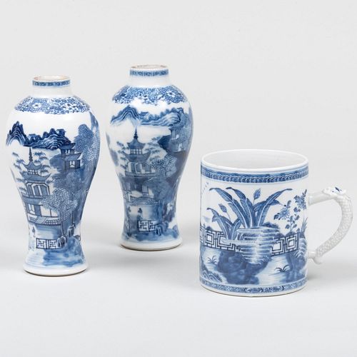 Pair of Chinese Export Blue and White Porcelain Vases and a Mug