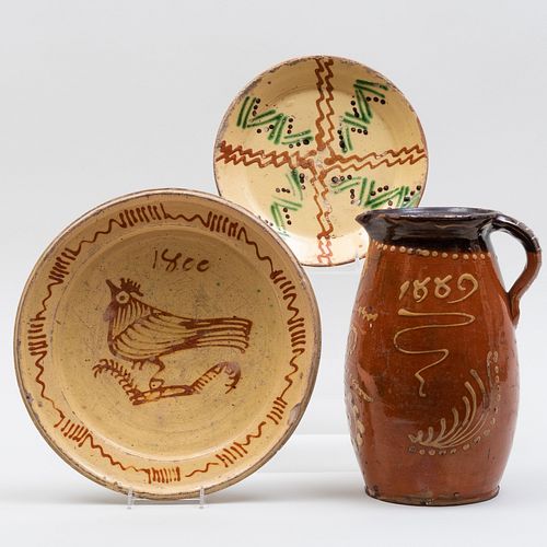 Early Slip Decorated Plate with Bird and another Plate and a Pitcher