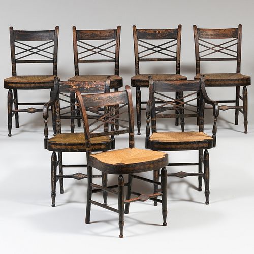 Group of Seven Federal Painted and Stencil Decorated Rush Seat Chairs, New York
