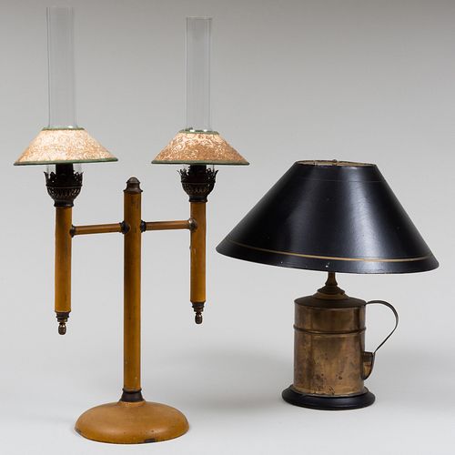 Yellow Painted TÃ´le Lamp together with a Copper Mug Table Lamp