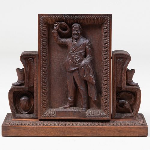 Folk Art Carved Oak Portrait Plaque on Stand of Will Rogers