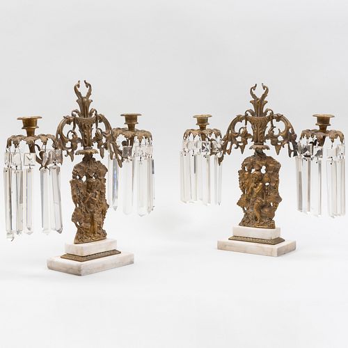 Pair of Classical Brass and Marble Two Light Girandoles