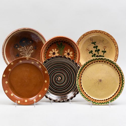 Group of Six Slipware Decorated Plates