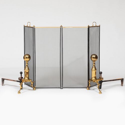 Two Classical Style Brass Andirons and a Four Panel Fire Screen