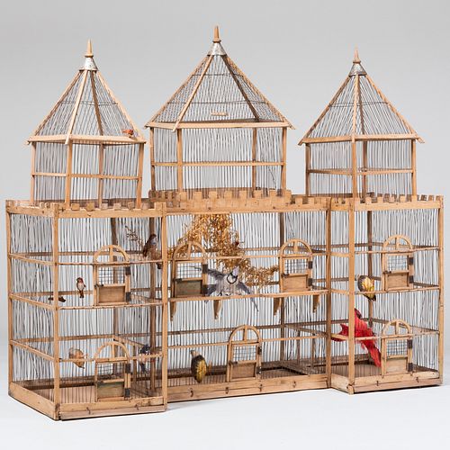 Large Rustic Wood and Wire Crenelated Three Part Bird Cage