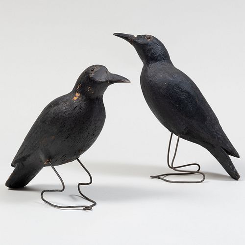 Pair of Painted Folk Art Painted Wood and Wire Models of Crows