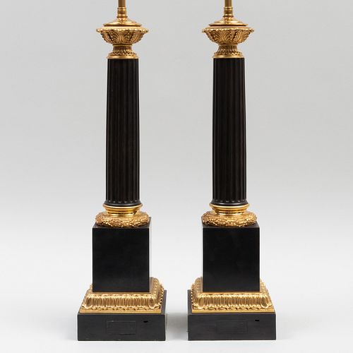 Pair of Naudin Parcel-Gilt Bronze Columnar Form Lamps