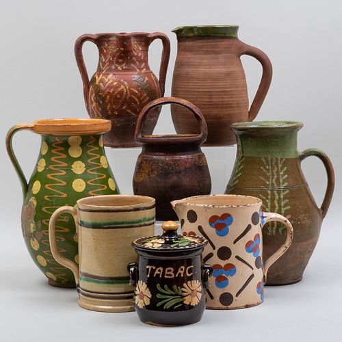 Group of Five Earthenware Pitchers and a Group of Slip Decorated Vessels