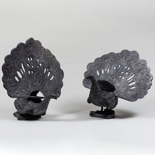 Pair of English Lead Garden Ornaments in the Form of Peacocks