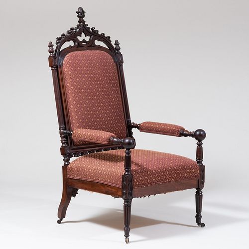 Gothic Revival Carved Rosewood Upholstered Arm Chair, Attributed to Thomas Brooks, Brooklyn, New York
