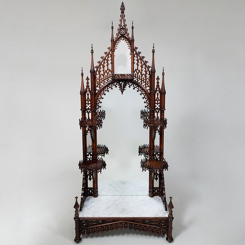 Fine Gothic Revival Carved Rosewood and Marble Étagère, New York