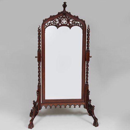 Gothic Revival Style Carved Mahogany Cheval Mirror, of Recent Manufacture