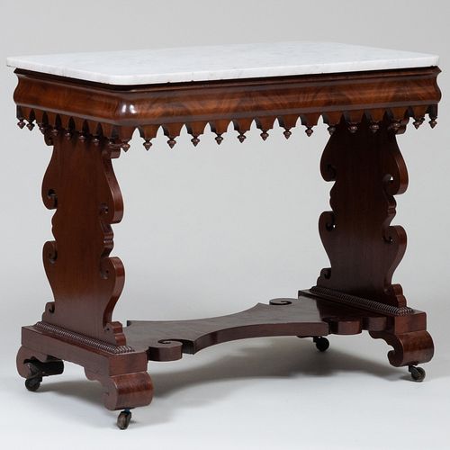 Gothic Revival Carved Mahogany Marble Top Table