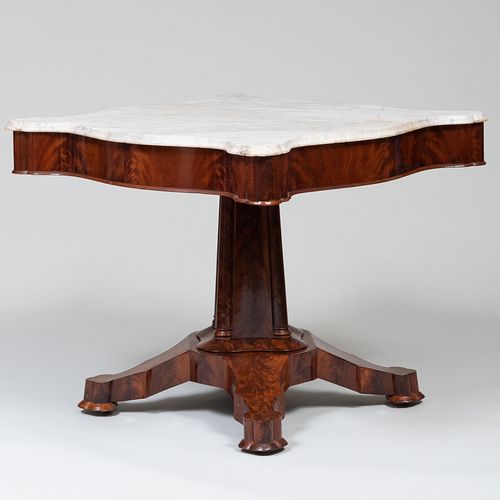 Gothic Revival Figured Mahogany and Marble Top Center Table