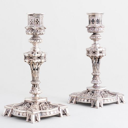 Pair of Gothic Revival Style Cast Metal Candlesticks