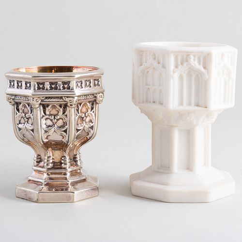 Mintons Porcelain Traveling Font and a Gothic Revival Silver Plate Traveling Font