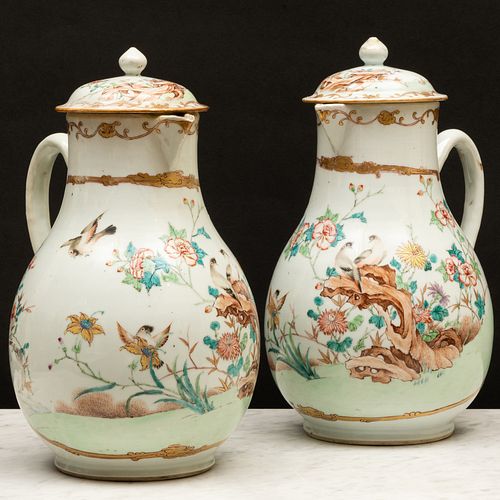 Large Pair of Chinese Export Famille Rose Porcelain Jugs and Covers
