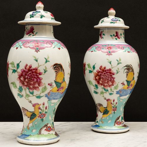 Pair of Chinese Export Famille Rose Porcelain Baluster Vase and Covers