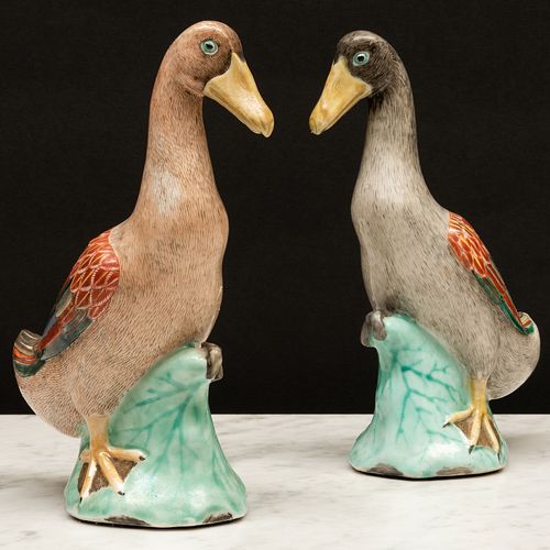 Small Pair of Chinese Export Porcelain Models of Ducks on Lotus