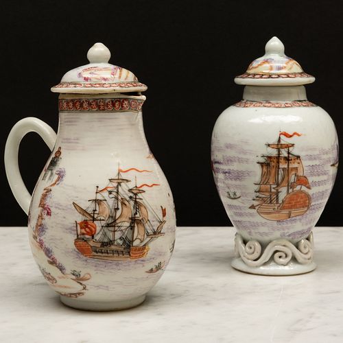 Chinese Export Porcelain Dutch Market Shipping Tea Caddy and Cover and a Cream Jug and Cover