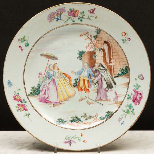 Chinese Export Famille Rose Porcelain Plate After Nicolas Lancret Les Oie de Frere Philippe